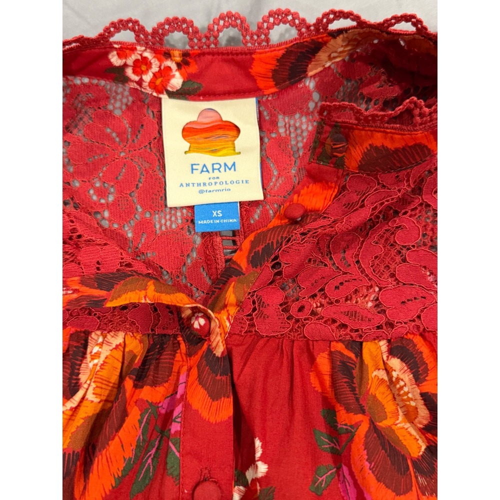 Farm Rio Floral Lace Blouse Red XS Puff Sleeve Button up Boho Lightweight Cotton - Picture 8 of 11